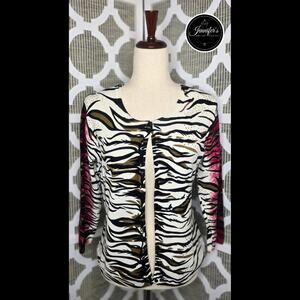Elizabeth New York Vintage Cream Black Red Animal Print Cardigan Size Large